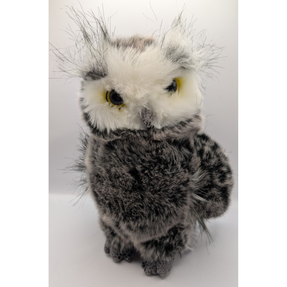 Aurora Realistic Plush Snowy Owl Stuffed Animal White Gray Faux Fur 10 Inch